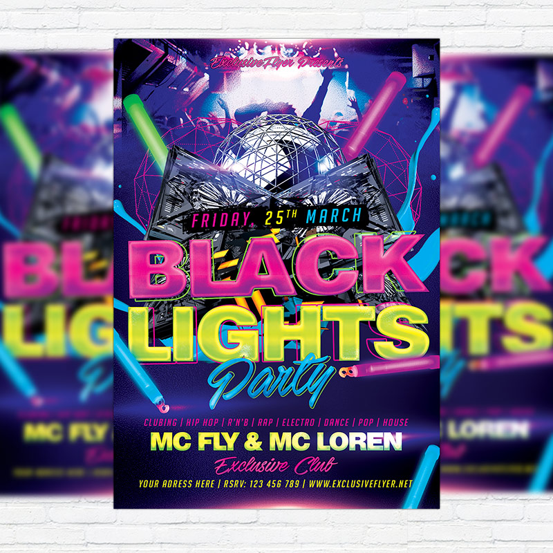 Black Light Party - Premium Flyer Template + Facebook Cover, ExclsiveFlyer