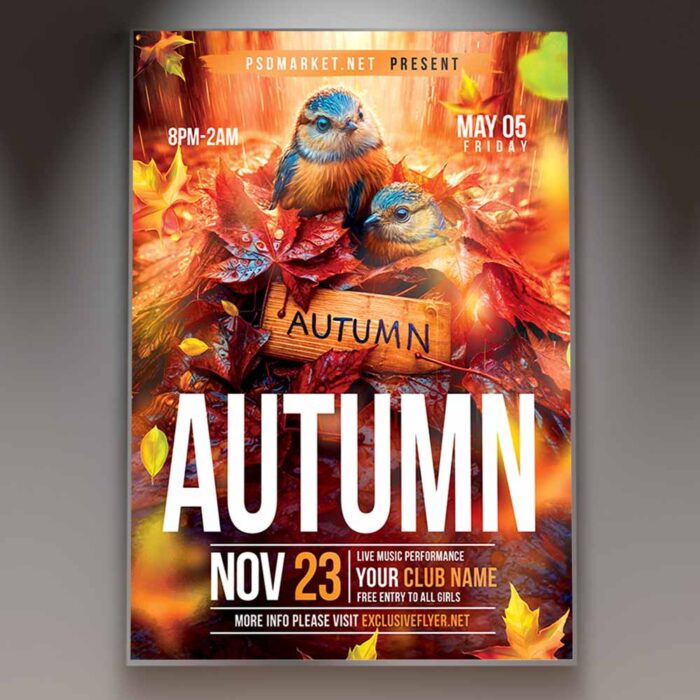 A cozy autumn-themed event invitation template featuring warm orange and brown hues, with falling leaves and rustic textures, perfect for seasonal celebrations in Autumn 2024.