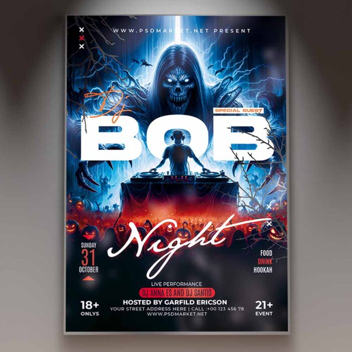 DJ Night Halloween Flyer Template featuring bold visuals and eerie typography.