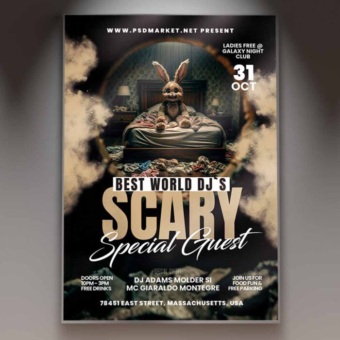 Halloween-themed DJ flyer template with eerie graphics and bold typography, perfect for promoting a spooky event