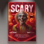 Dark-themed Halloween flyer template featuring a creepy haunted house with eerie lighting and bold, spooky typography promoting a Halloween event.