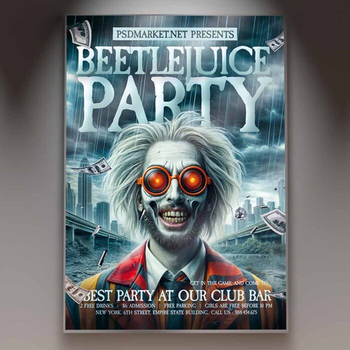 Beetlejuice Party Flyer Template featuring black and white striped design for Halloween events