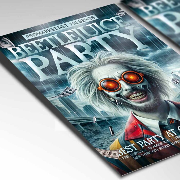 Customizable Beetlejuice Flyer Template with spooky elements for themed parties