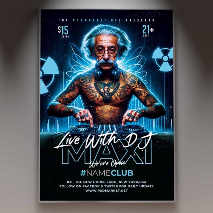 DJ Party Maxi Flyer Template with dynamic and vibrant design.