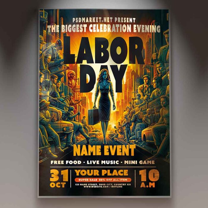 Labor Day Flyer Template with patriotic design and bold colors.