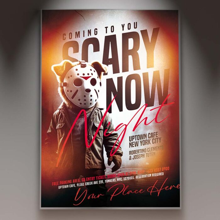 Masked madness flyer template featuring a mysterious character in a mask promoting a Halloween-themed event.
