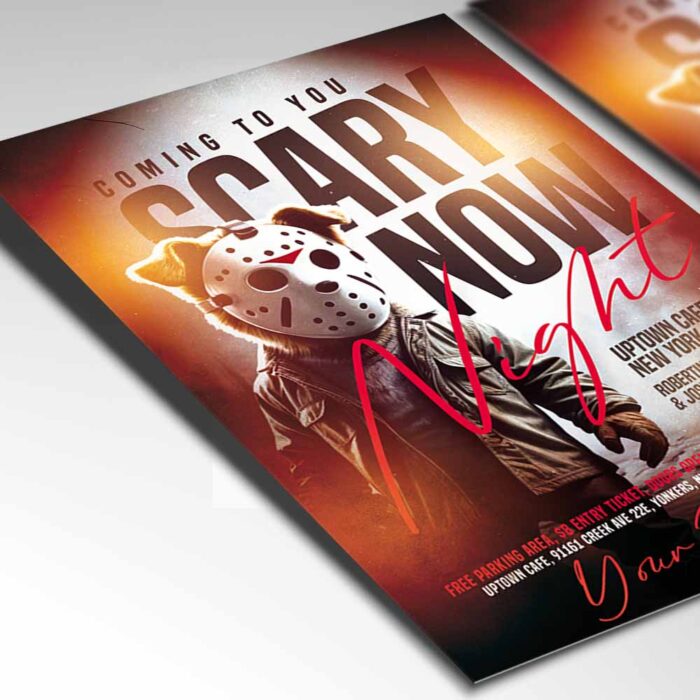 Eye-catching masked madness flyer template with a bold design and a masked figure, perfect for promoting spooky night events.