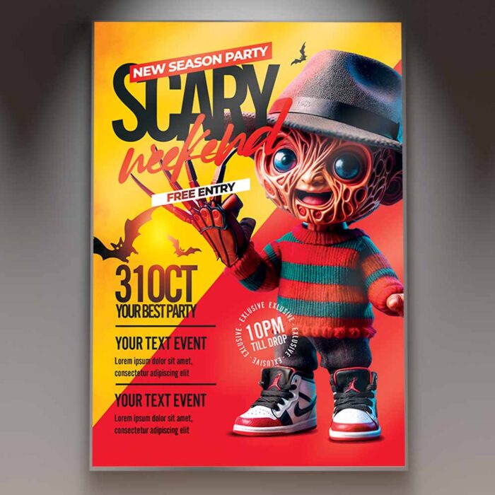 Scary Weekend Flyer Template with eerie graphics and chilling fonts.