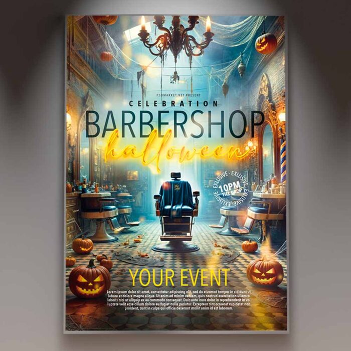 Barbershop Halloween flyer template featuring a haunted barbershop interior with pumpkins, perfect for promoting a Halloween-themed barbershop event.