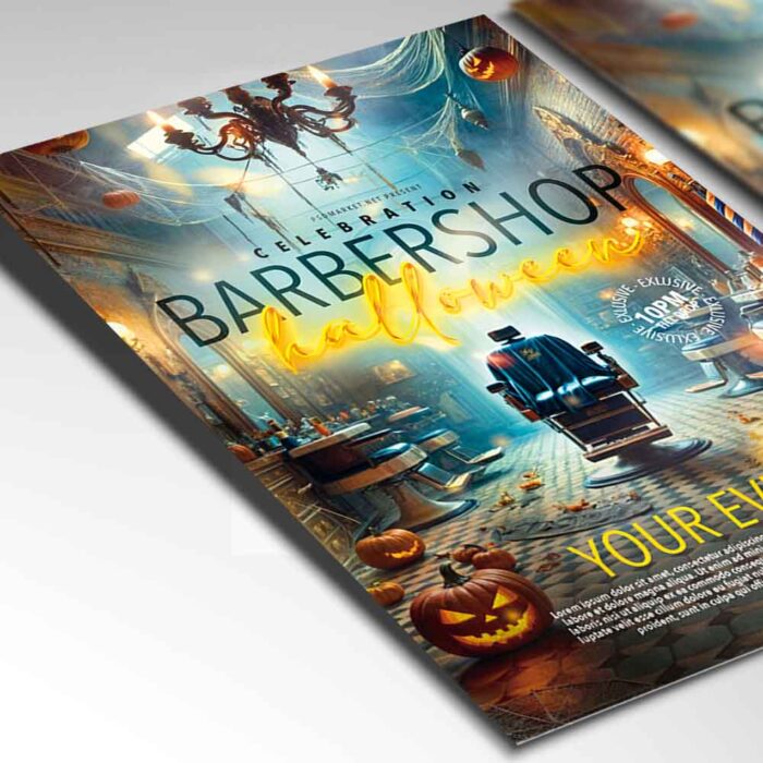 Spooky barbershop Halloween flyer template with ghostly lighting, cobwebs, and pumpkin decorations, ideal for barbershop Halloween promotions.