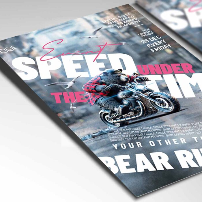 Dynamic Bear Rider Speed flyer template with a bear riding a motorcycle, perfect for promoting motorbike-themed or adrenaline-filled events.