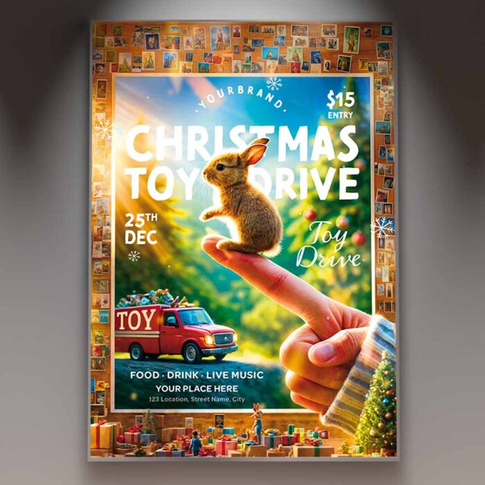 First Image: "Christmas toy drive flyer featuring a festive background with Christmas decorations, showcasing gift boxes and toys in a warm holiday setting.