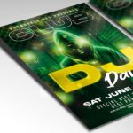 Dynamic club DJ event flyer showcasing a DJ spinning tracks with colorful light effects, designed for nightclub parties.