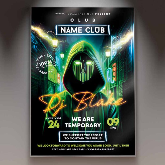 Club DJ event party flyer template featuring a vibrant nightclub scene with neon lights and a DJ deck, perfect for promoting dance events and club nights.