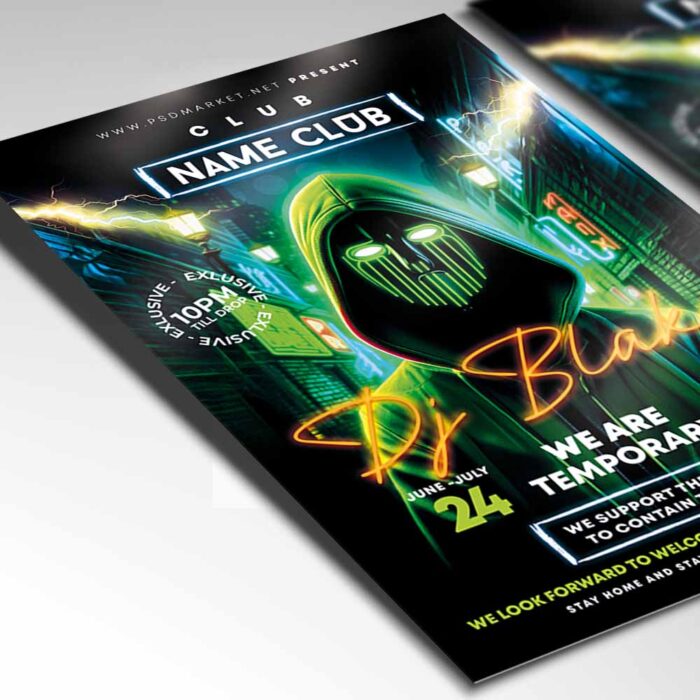 Club DJ event party flyer template featuring a vibrant nightclub scene with neon lights and a DJ deck, perfect for promoting dance events and club nights.