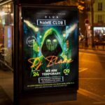Club DJ event party flyer template featuring a vibrant nightclub scene with neon lights and a DJ deck, perfect for promoting dance events and club nights.