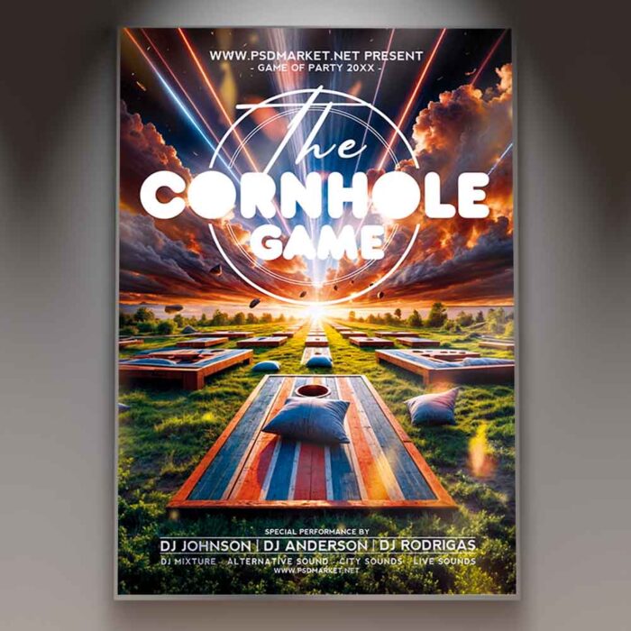 Cornhole Game Flyer Template: A vibrant flyer featuring a cornhole game setup at sunset, with multiple boards placed on lush green grass. Ideal for promoting outdoor sports events and family gatherings.