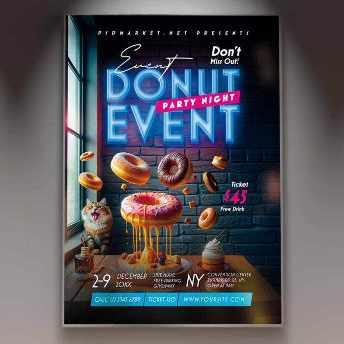 Colorful donut event flyer template with a stack of glazed donuts and confetti, ideal for promoting fun donut-themed parties.