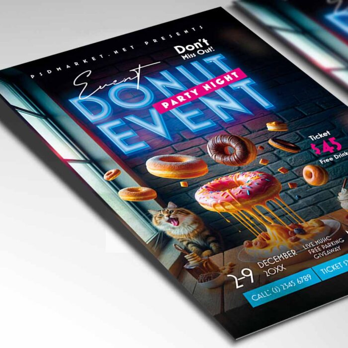 Donut event flyer template featuring vibrant sprinkles and donuts in various colors, perfect for announcing donut festival events.