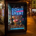 Playful flyer design for a donut-themed event, showcasing delicious frosted donuts with a cheerful background.
