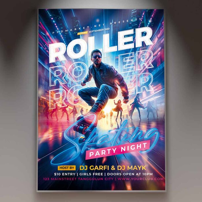Dynamic roller skating flyer template featuring a skater in action with neon lights, perfect for promoting a roller skating party event.
