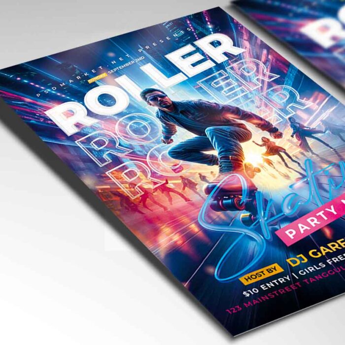 Roller skating flyer template with vibrant city lights and energetic skaters, ideal for a roller skating night party promotion.