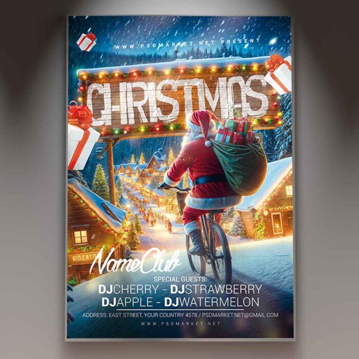 Christmas 2025 party flyer featuring festive snowflakes, holly, and gift boxes.