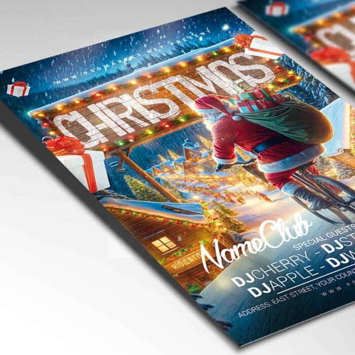 Editable flyer for promoting a Christmas celebration with bright holiday elements.