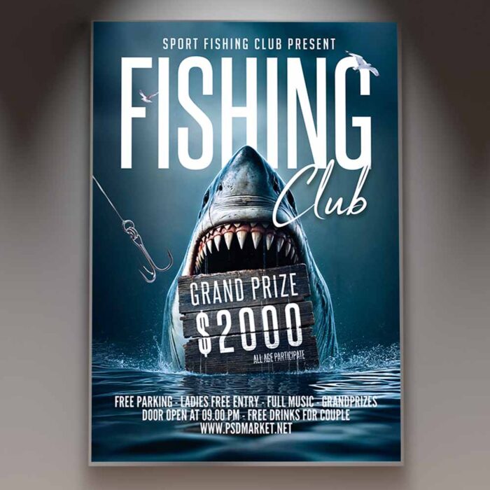 Fishing club flyer featuring a fishing rod, fish, and water to promote outdoor adventure.