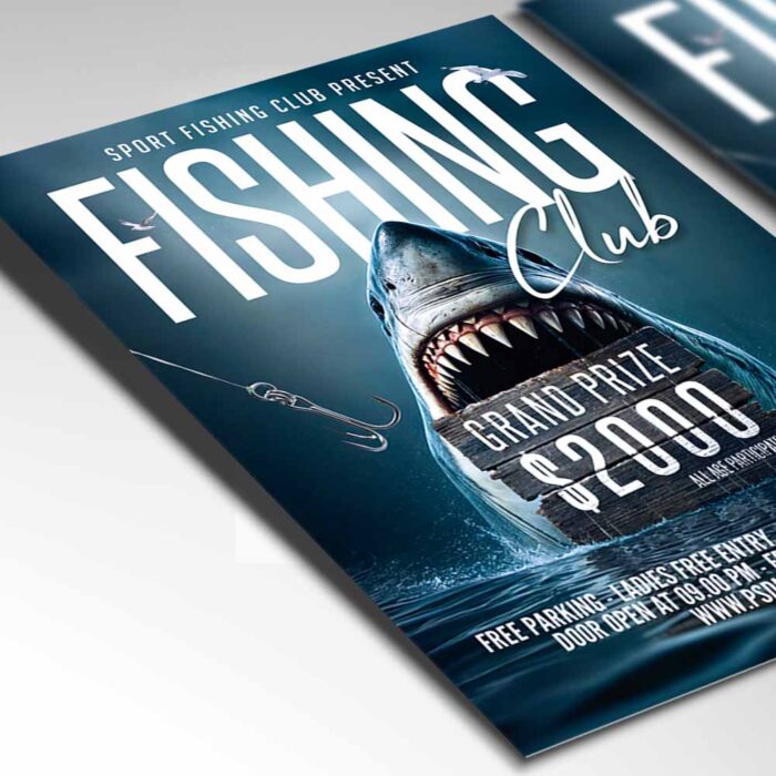 Customizable flyer for fishing clubs with professional design and event details.