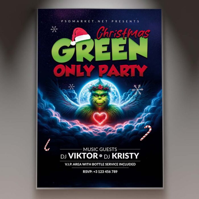 Eco-friendly Christmas party flyer featuring green Christmas trees, nature elements, and festive decorations.