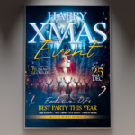 Happy Christmas flyer design featuring Santa, Christmas trees, and festive decorations.