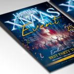Bright and playful Christmas flyer template with snowflakes and holiday-themed illustrations.