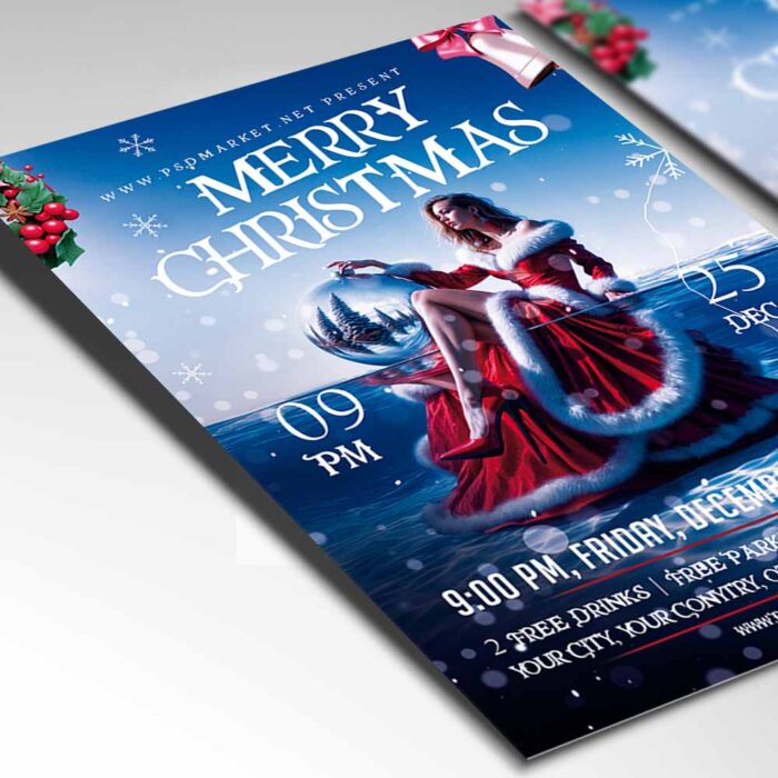 Christmas party flyer with a girl in festive attire, ideal for promoting events during the holiday season.