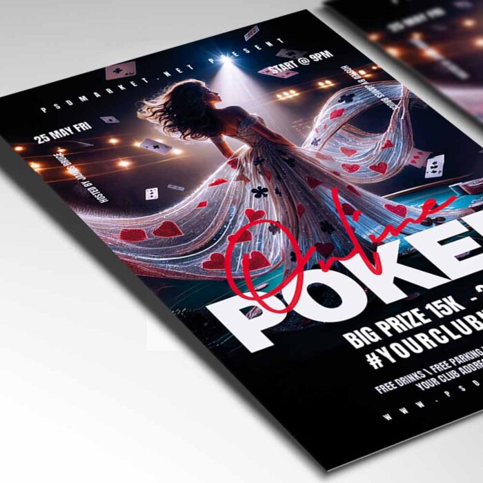 Customizable flyer design for online poker tournaments featuring cards, chips, and digital elements.
