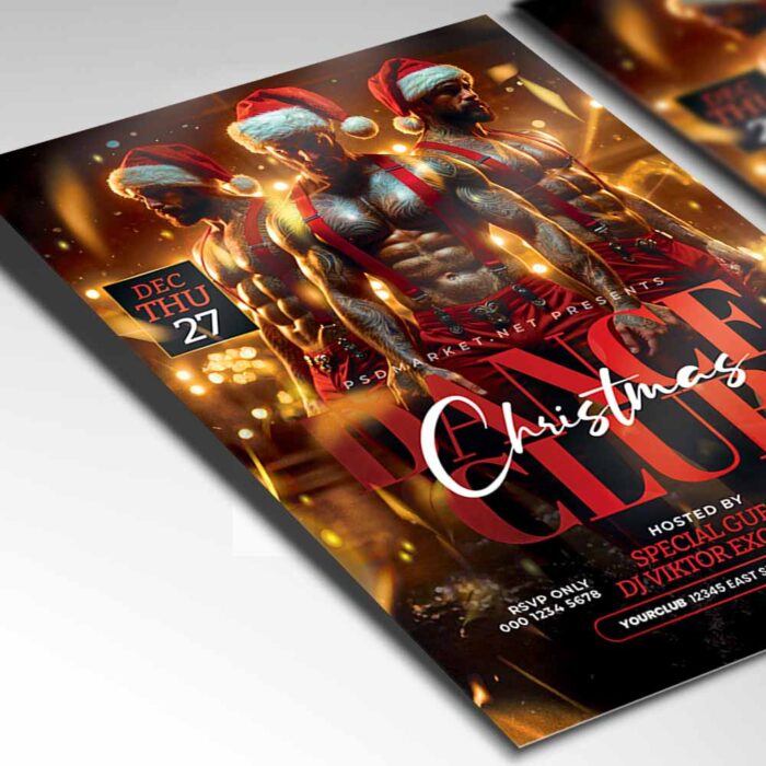 Vibrant flyer design featuring musical notes, DJ visuals, and holiday party atmosphere.