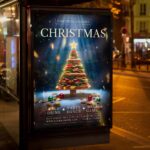 Holiday-themed flyer with a creative food tree design, ideal for a Christmas dinner or food drive.
