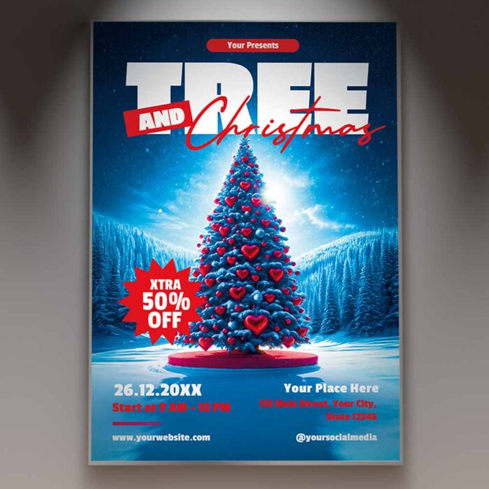 A romantic Christmas flyer with a heart-shaped tree decorated with festive ornaments and lights.