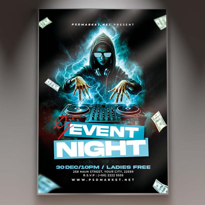 Vibrant DJ event flyer with bold typography and dynamic graphics for a high-energy night.