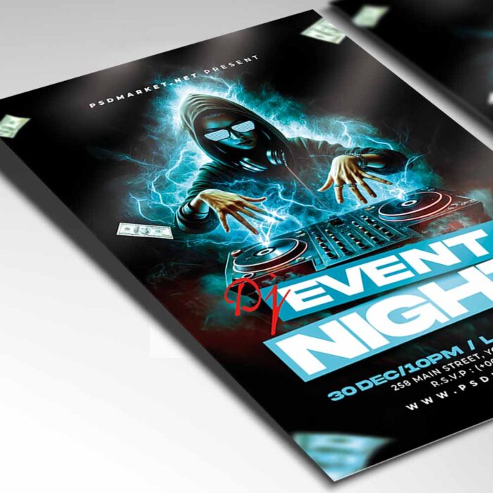 Stylish DJ event flyer design featuring modern graphics and colorful elements for promoting a party.