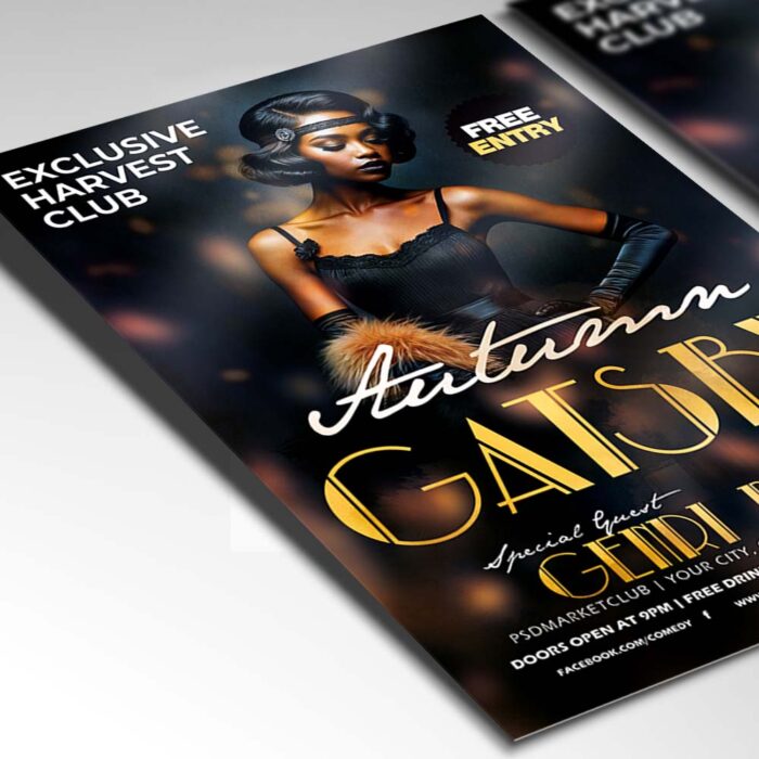 Sophisticated Gatsby-themed flyer with geometric patterns and vintage typography.