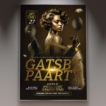 Glamorous Gatsby party flyer with gold art deco details and sleek black background.