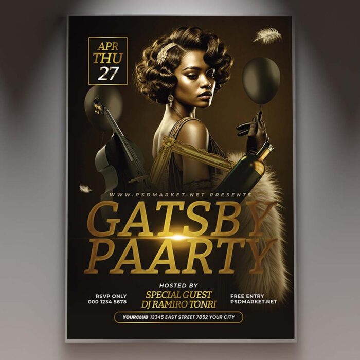 Glamorous Gatsby party flyer with gold art deco details and sleek black background.
