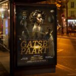 Elegant Gatsby-themed event flyer with a luxurious 1920s-inspired art deco design.
