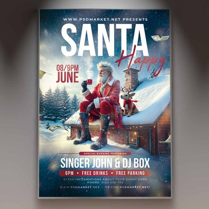 Festive flyer with jolly Santa Claus and colorful holiday decorations.