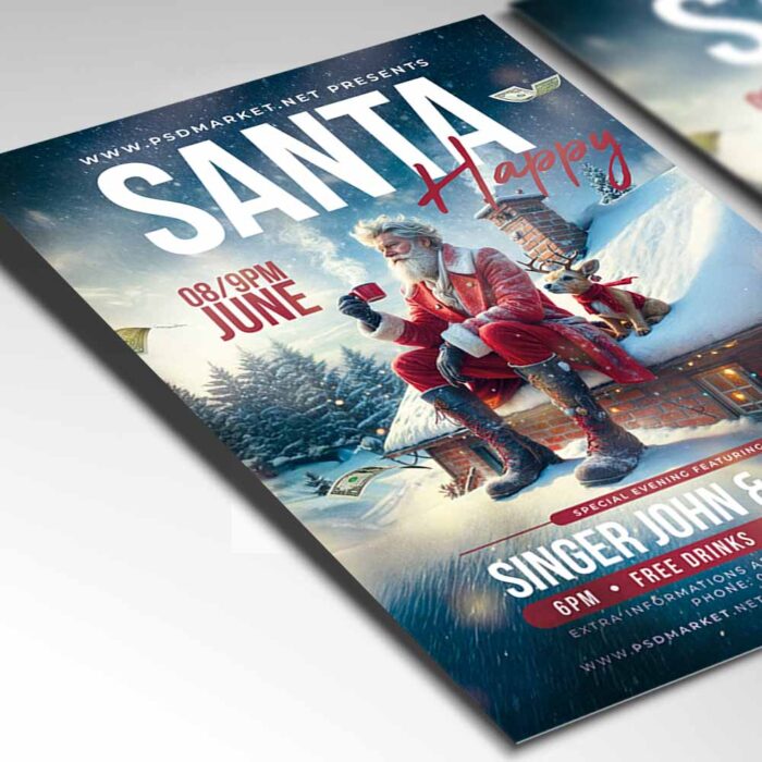 Happy Santa Flyer featuring Santa and snowflakes, perfect for a Christmas event.