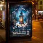 Holiday-themed flyer showcasing Christmas lights and decorations, perfect for a festive event.