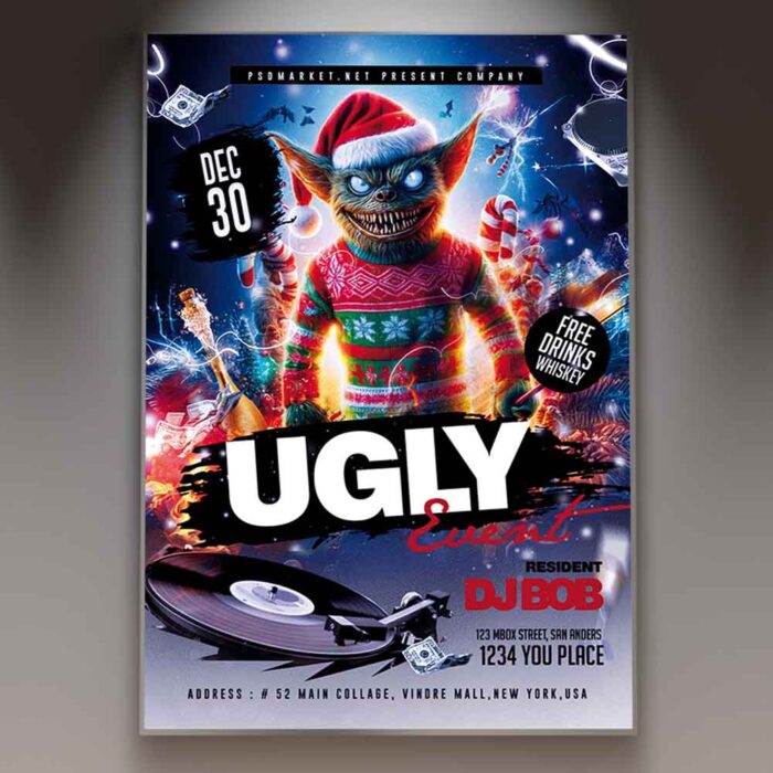 Ugly sweater event flyer with playful holiday-themed designs featuring snowflakes, sweaters, and festive elements.