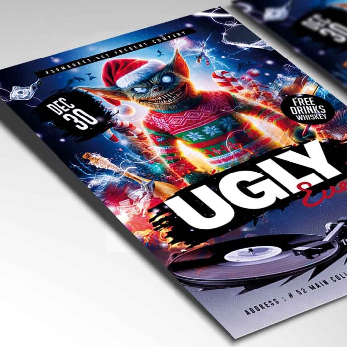 Customizable ugly sweater party flyer template with bright, fun colors and quirky holiday graphics.