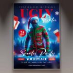 Ugly sweater party flyer with playful holiday-themed designs and festive elements.